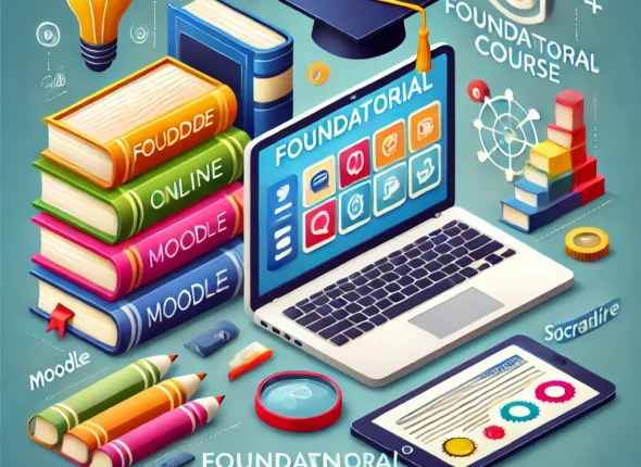 DALL·E 2024-10-10 17.38.01 - An educational-themed image representing a foundational course for students, featuring elements such as books, a laptop for online learning (Moodle),