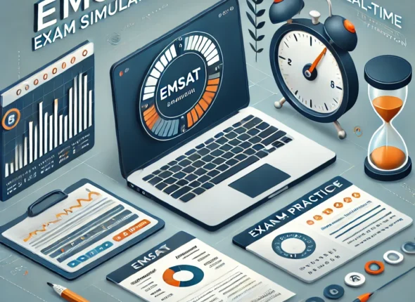 DALL·E 2024-10-10 18.50.04 - An educational-themed image representing an EMSAT exam simulation platform. The image should feature elements like a computer or laptop showing a simu