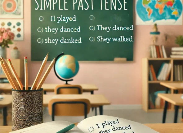 DALL·E 2024-11-11 18.54.32 - A classroom-themed image for an English language test on the simple past tense. The image shows a chalkboard with the words 'Simple Past Tense' and ex