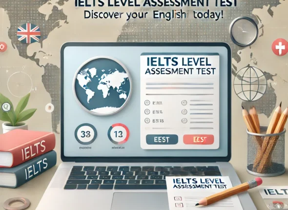 DALL·E 2024-11-17 23.29.31 - A modern and professional web banner for an online IELTS level assessment course. The design includes an open laptop displaying an IELTS test interfac